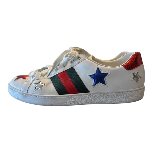 Gucci Ace Star Sneakers – White & Metallic Red/Green Leather – Size 44 EU (US 11 - Picture 3 of 6